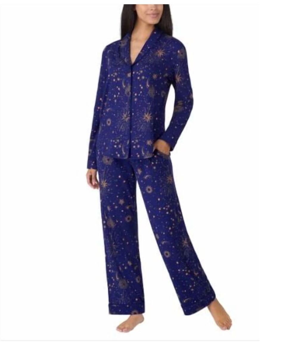 Room Service Celestial Moon Stars Pajama Set Womens XL Blue Gold 2 Piece Lounge